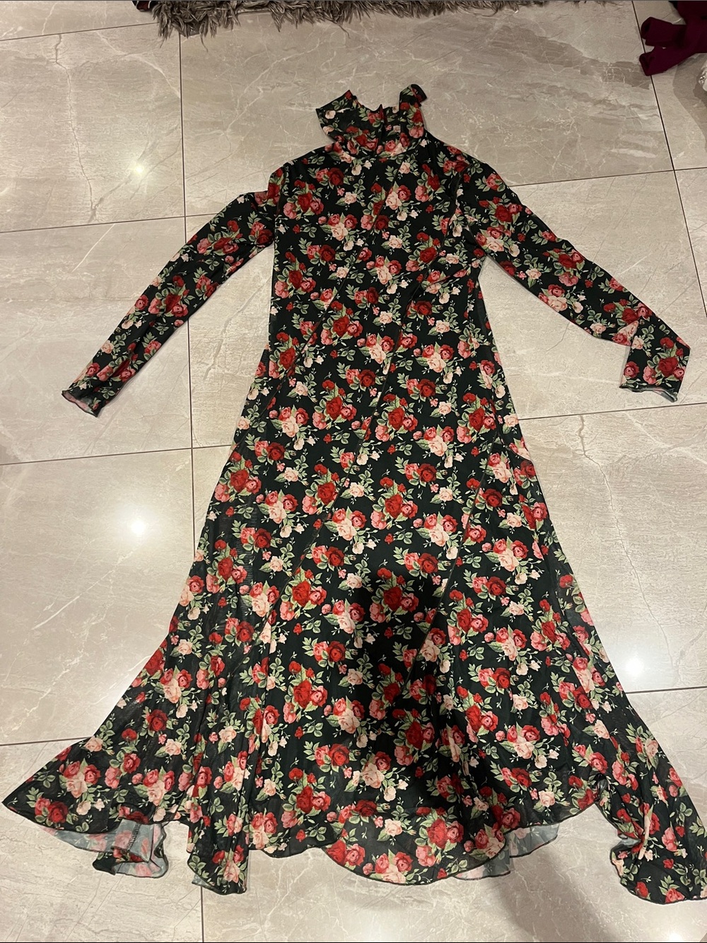 Mima Rosso - Floral High-Neck Long Sleeve Maxi Dress - Black with Red/Pink Roses